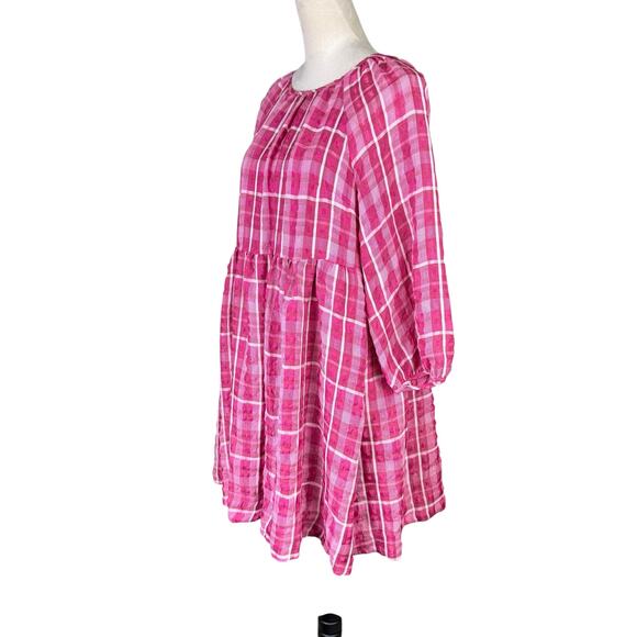 Madewell Azalea Pink & White Plaid Shirred Pockets Babydoll Summer Mini Dress - Picture 5 of 14